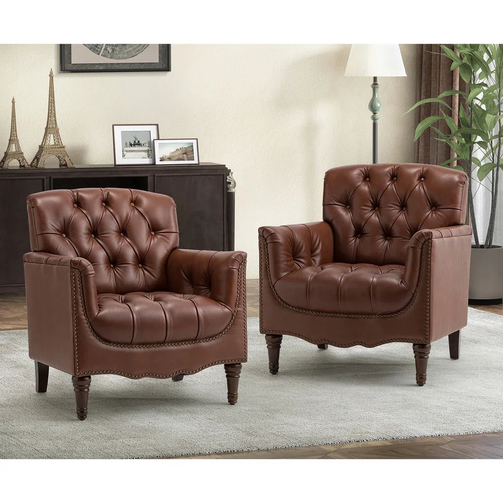 Wemer Transitional Genuine Leather Armchair with Button Tufted Back Set of 2