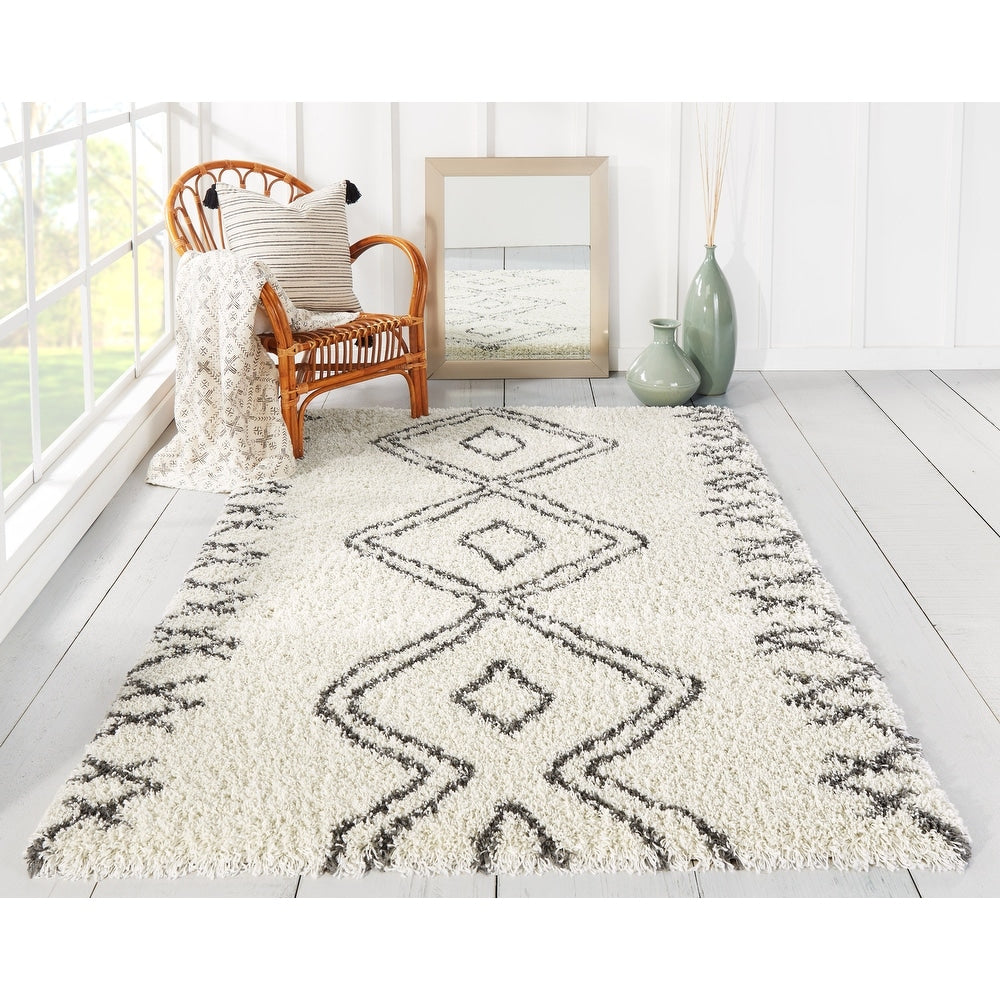 Maya Contemporary Geometric Soft Shag Area Rug - Ivory