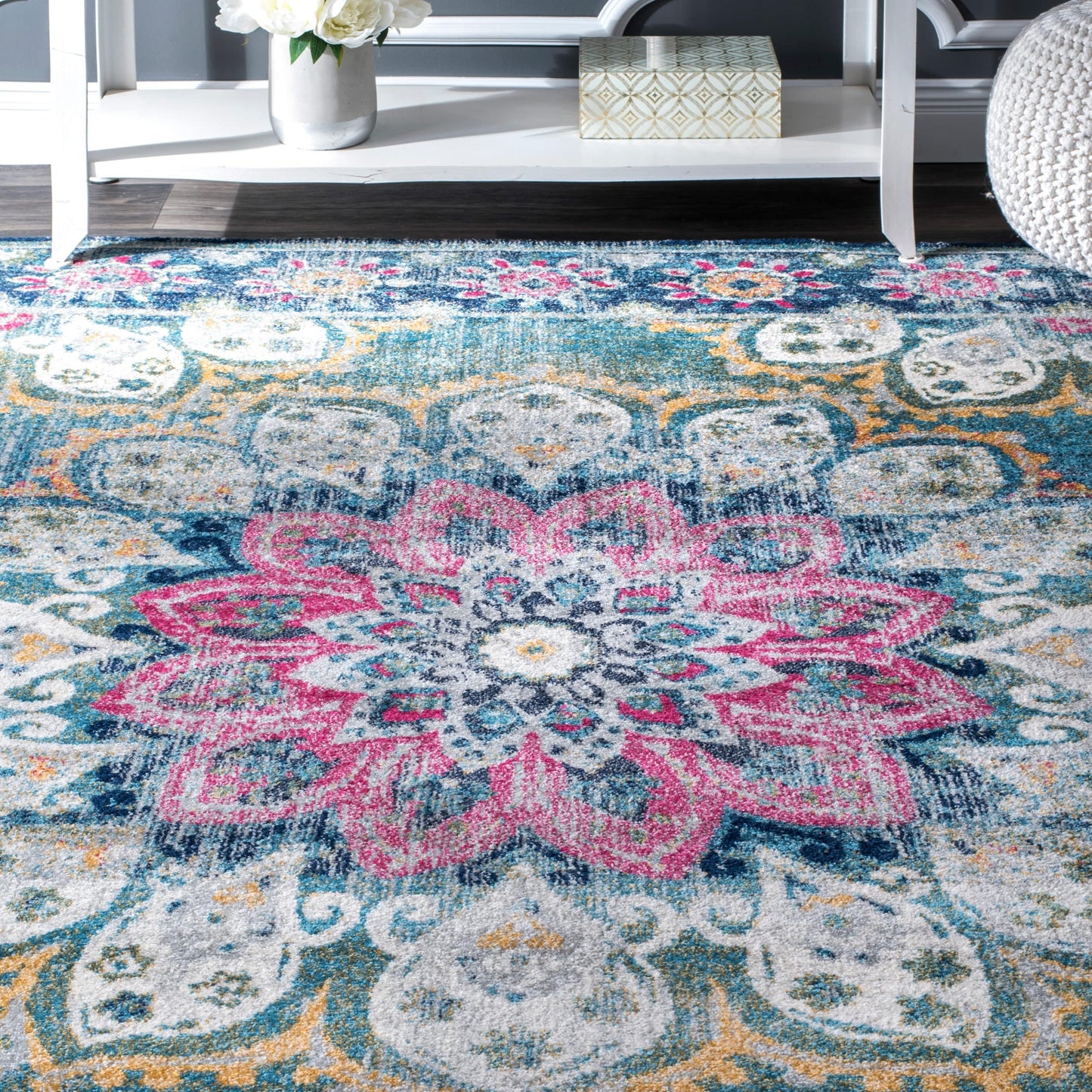 Floral Vintage Turquoise Blue Pink Area Rugs