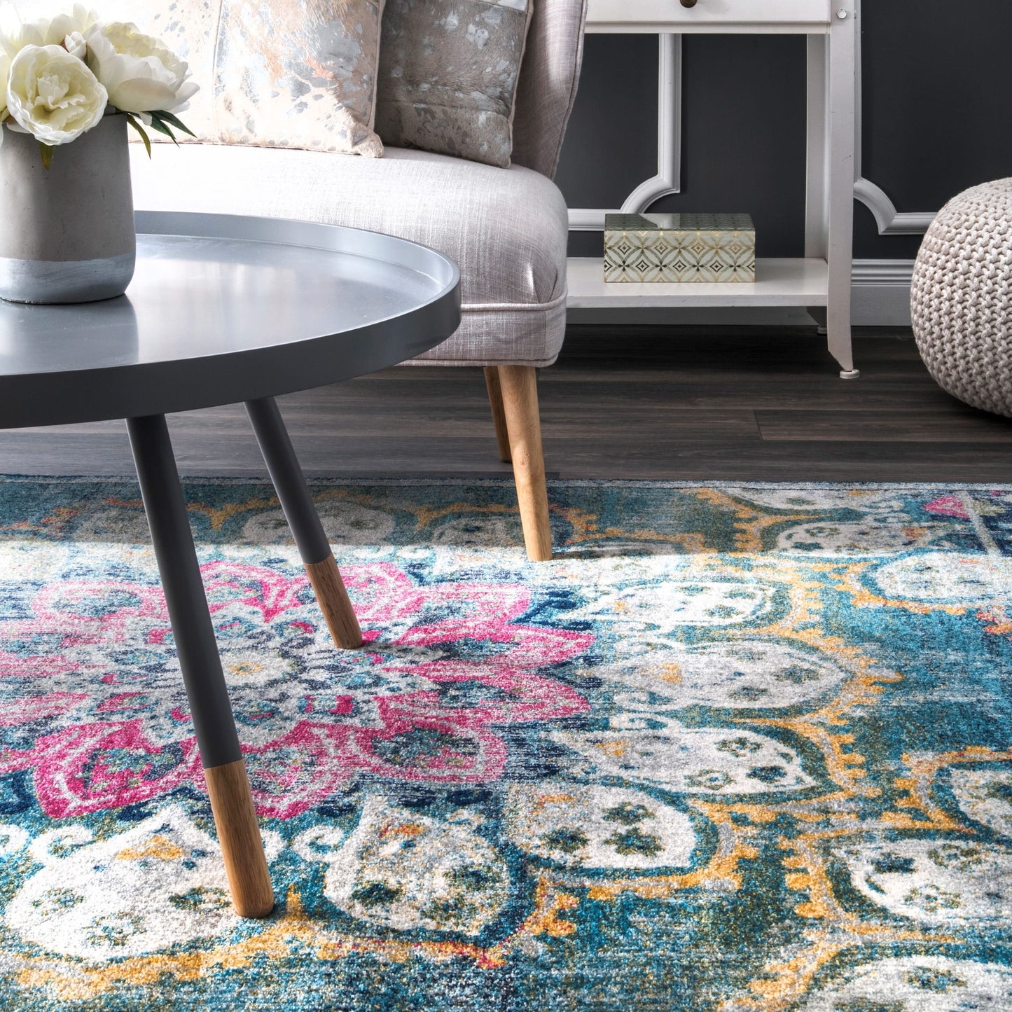 Floral Vintage Turquoise Blue Pink Area Rugs