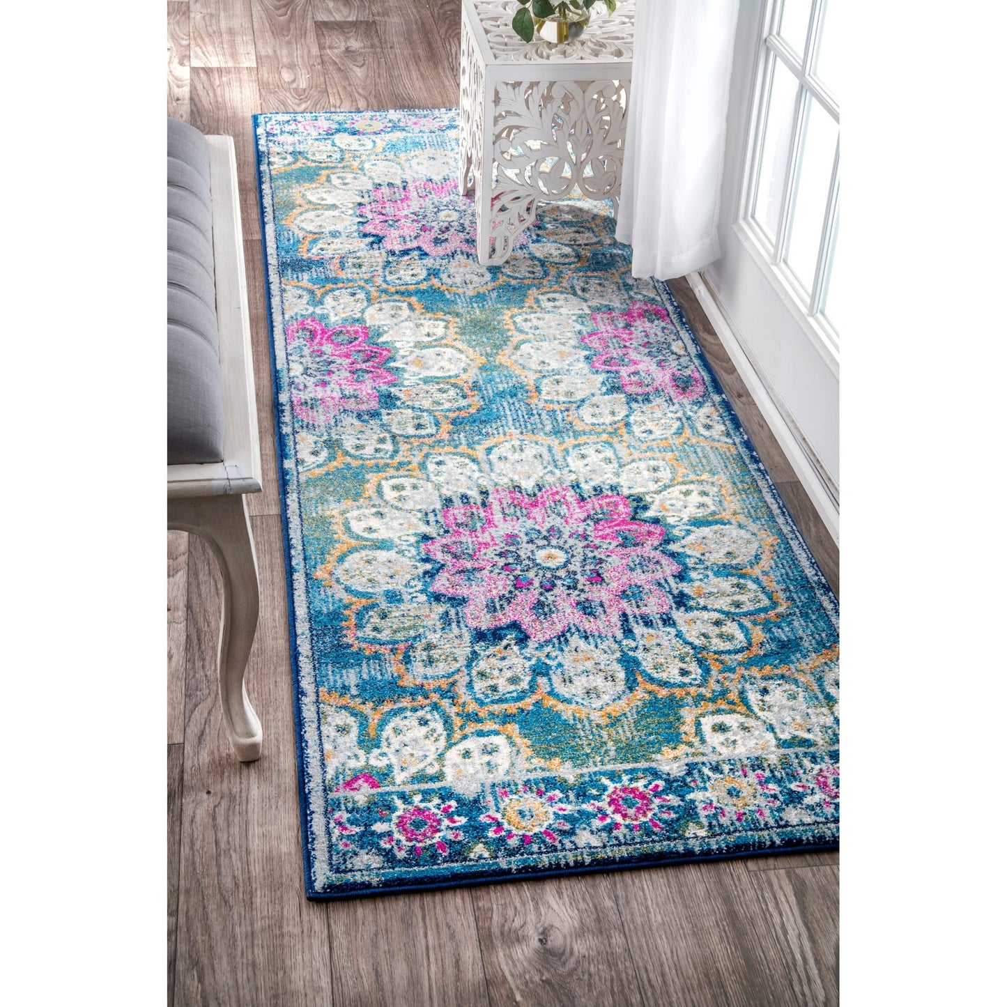 Floral Vintage Turquoise Blue Pink Area Rugs