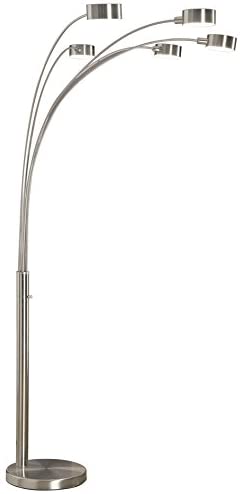 5 Arc Brushed Steel Floor Lamp w/ Dimmer Switch, 360 Degree Rotatable Shades - Dim Options - Stainless Steel