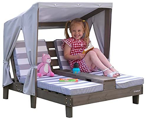 Kids Double Chaise Lounge with Cup Holders, Kids Outdoor Furniture, Striped Fabric