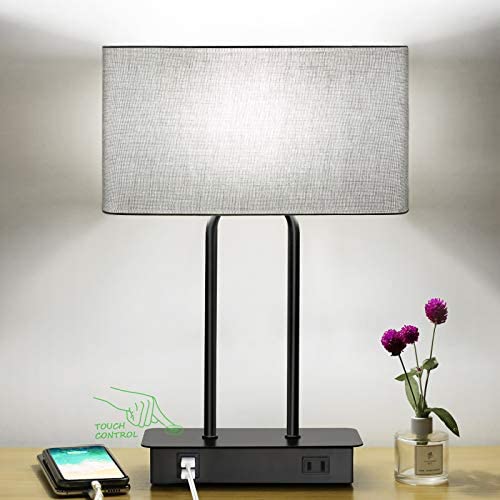 3-Way Dimmable Touch Table Lamp W/ 2 USB Ports and AC Power Outlet Modern Bedside Nightstand Lamp