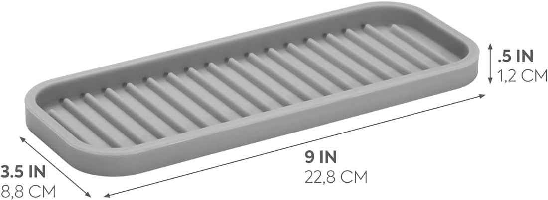 Lineo Silicone Kitchen Sink Tray for Sponges, Scrubbers, Soap, Stovetop Spoon Holder, 9" x 3.5" x 0.5", Gray