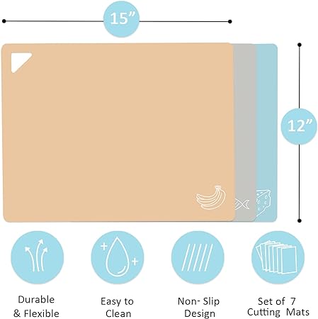 7 Pieces Plastic Flexible Cutting Boards for Kitchen, Non Slip Cutting Mats with Food Icons, Easy-Grip Handles, BPA- Free, 15"x12"