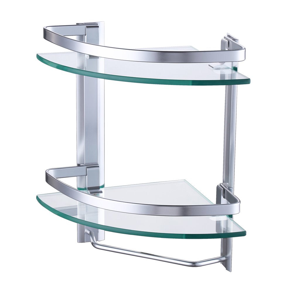 Heavy Duty Wall Mounted Corner Shelves Aluminum Tempered Glass Storage With Towel Bar 2-Tiers