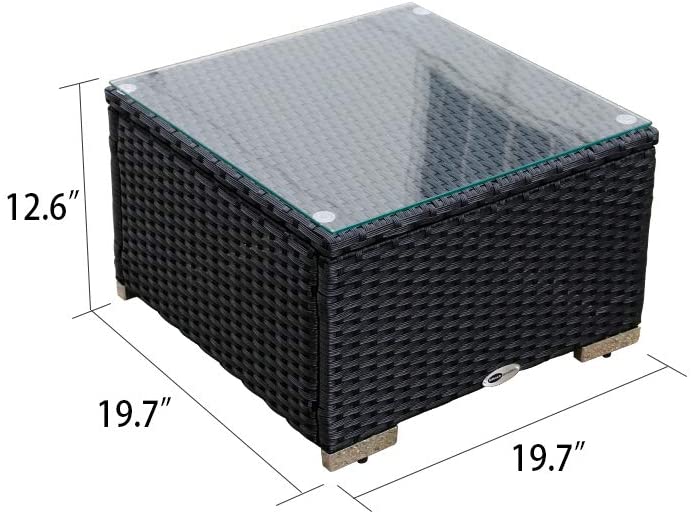 DIMAR garden Outdoor Coffee Table with Tempered Glass Top Wicker Patio Furniture Sets Rattan Sectional Small Table (Black 19.7in)