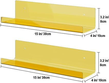 15 Inch Acrylic Floating Shelves, 2 Pack Kids Floating Bookshelf (Yellow)