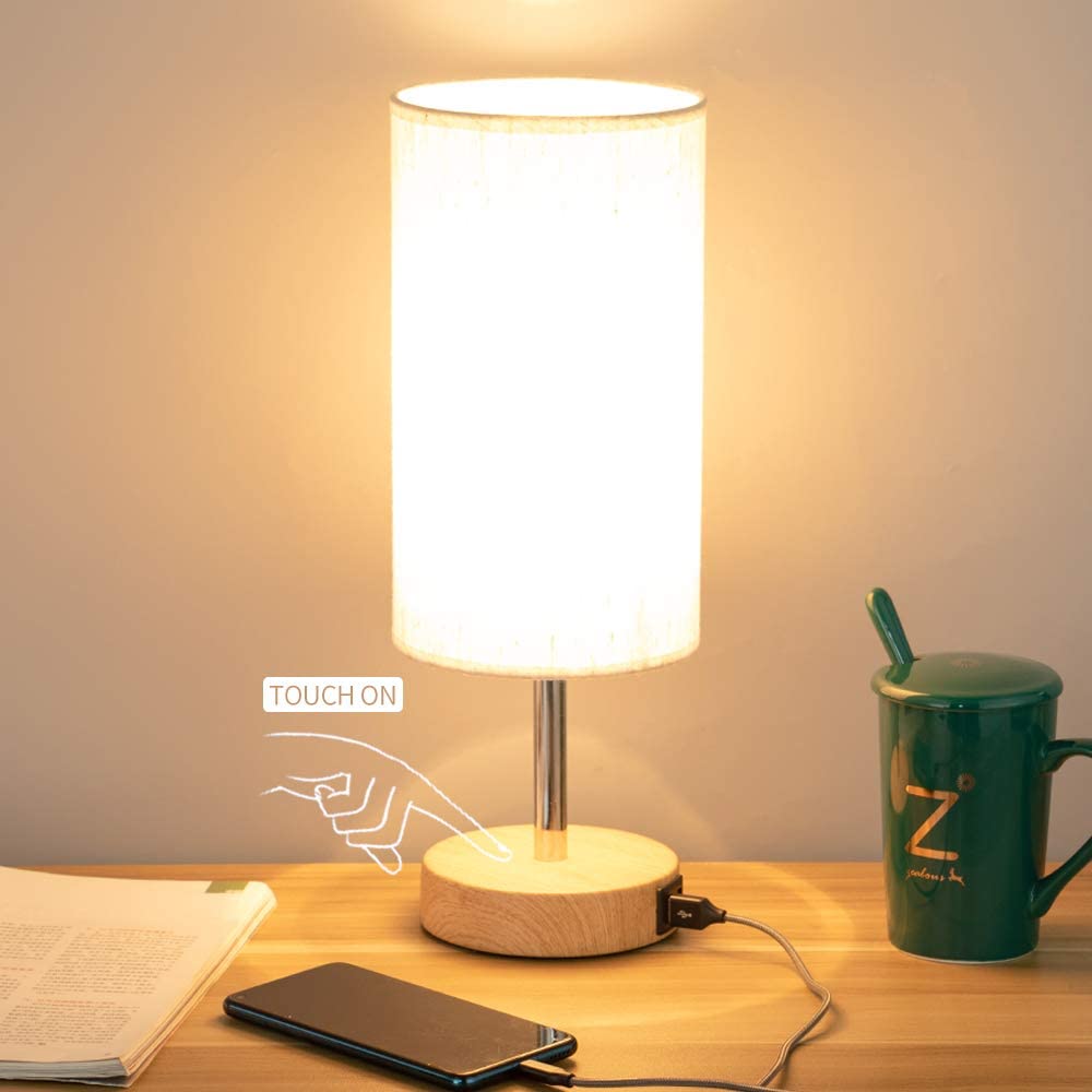 Bedside Lamp with USB port - Touch Wood 3 Way Dimmable Nightstand Lamp with Round Flaxen Fabric Shade