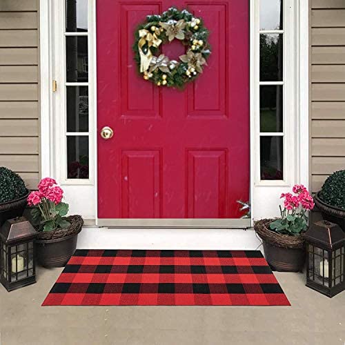 Outdoor Buffalo Plaid Black Red Check Mat