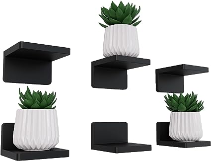 6 Pack Small Floating Wood Shelves with 2 Types of Installation - Black