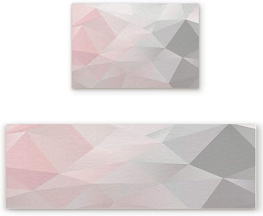 Pink Grey Gradient Geometry Triangle, Soft Waterproof Non-Slip Rubber Backing Floor Mats, 15.7x23.6in + 15.7x47.2in