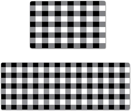 2 PCS Black and White Buffalo Plaid Cushioned Kitchen Rugs, 17"X48"+17"X24"