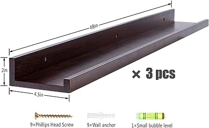 6 Inch Wood Floating Shelves Wall Mounted Light Walnut Picture Ledge Shelf, 3 Same Sizes