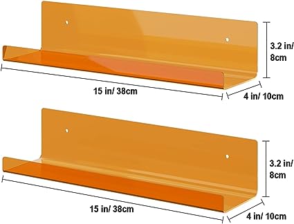 15 Inch Acrylic Floating Shelves, 2 Pack Kids Floating Bookshelf (Yellow)