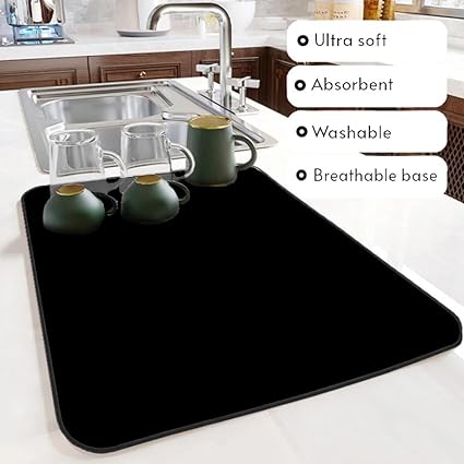 Ultra Absorbent Dish Drying Mats - Machine Washable and Super Fast Drying - Practical Solution for Efficiently Drying Dishes - 15,7 by 19,6 Inches (Black)