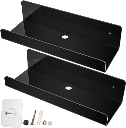 crylic Floating Shelf 10'' Invisible Wall Mount Shelves with Cord Hole, Smart Speaker/Book/Action Figures/Toy/Picture Ledge Floating Shelves for Room Bathroom Kitchen Office -Black 2 PCS