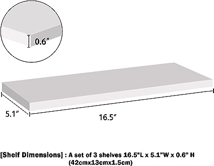 Set of 3 White Floating Shelves for Wall with Invisible Brackets,