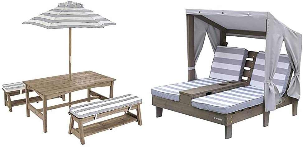 Kids Double Chaise Lounge with Cup Holders, Kids Outdoor Furniture, Striped Fabric