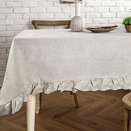 Rustic Flounces Tablecloth Washable Vintage Ruffle Trim Table Cover (White, Rectangle - 60" x 102")