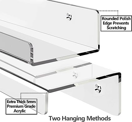 36 Inches Floating Shelves Wall Mounted Clear Acrylic Shelves for Figures, Invisible Floating Bookshelf for Kids and Nursery, 2 Pack (5MM Thick)