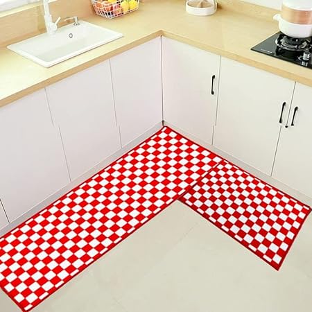 2 Piece Carpet Rubber Backing Non-Slip Kitchen Mat, (17"x23"+17"x47", Black Mosaic)