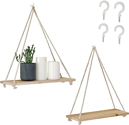 Hanging Shelves for Wall [Set of 2 w/ Hooks]