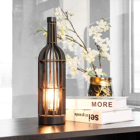 Battery Operated Table Lamps Timer Wooden Wine Bottle Shape Decorative Lamp (Black)