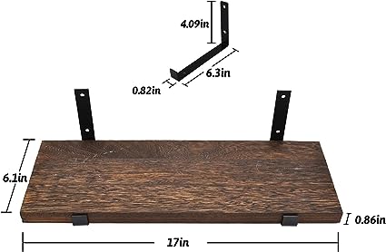 Wooden Floating Shelves Wall Mounted 3 Packs with L Iron Brackets (Hook-Up, Dark Brown)