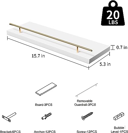 Set of 3,Wall Shelves for Bedroom,Kitchen,Living Room,Invisible Brackets,White and Gold