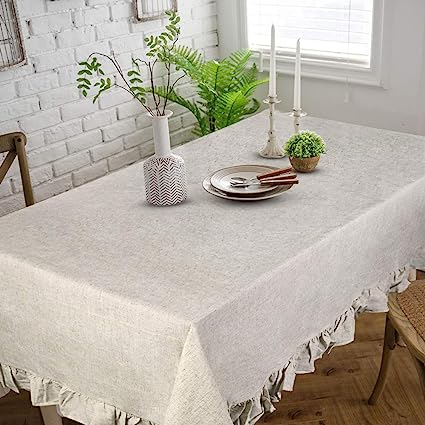Rustic Flounces Tablecloth Washable Vintage Ruffle Trim Table Cover (White, Rectangle - 60" x 102")