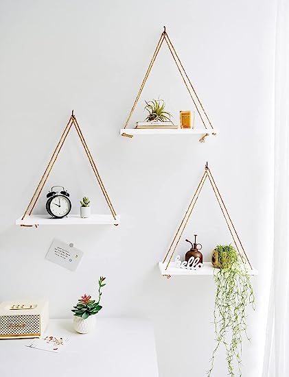 Set of 3 Wood Hanging Shelves for Wall Boho Decor Swing Rope Rustic Floating Shelf