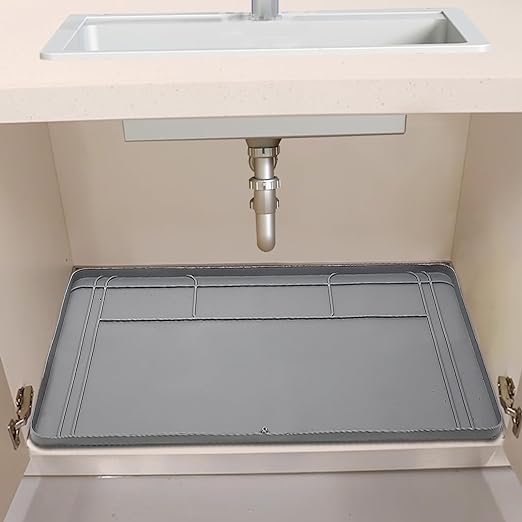Waterproof, 34”x22”Or Smaller Cut to Fit Flexible Silicone Under Sink Liner with Drain Hole,