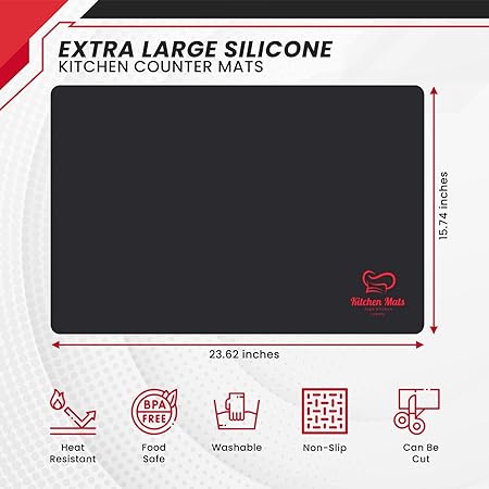 Large Black Heat Resistant Non Slip Silicone Mat For Countertop, 23”x15”,