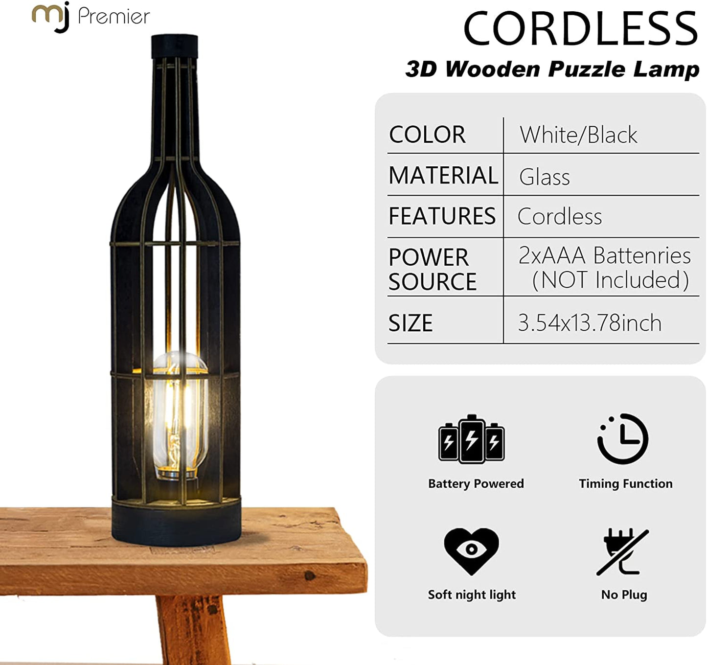 Battery Operated Table Lamps Timer Wooden Wine Bottle Shape Decorative Lamp (Black)