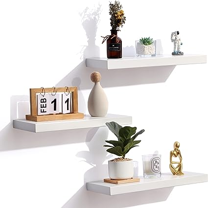 White Solid Wood Wall Shelves with Invisible Brackets Set of 3,