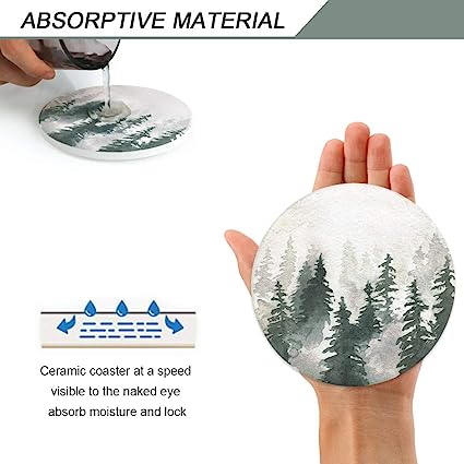 Round Drinks Absorbent Stone Coaster Set With Ceramic Stone and Cork Base (Forest, 4)