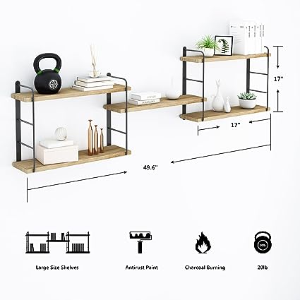 Adjustable Rustic Wall Decor Wood Shelves for Bedroom, Living Room, Bathroom and Kitchen Storage, Durable Metal Frame, Easy Installation (Brown)