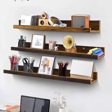 Wall Mounted Floating Shelves Set of 5, for Bathroom, Bedroom, Kitchen, Living Room Storage and Decoration, Brown Small Picture Ledge