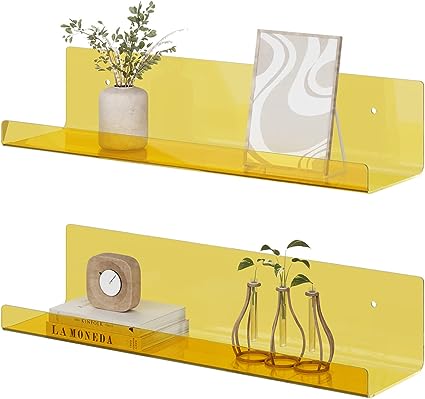 15 Inch Acrylic Floating Shelves, 2 Pack Kids Floating Bookshelf (Yellow)