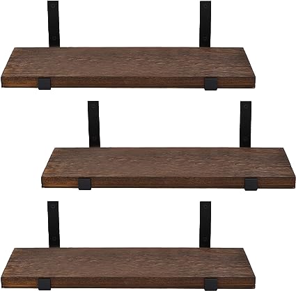 Wooden Floating Shelves Wall Mounted 3 Packs with L Iron Brackets (Hook-Up, Dark Brown)