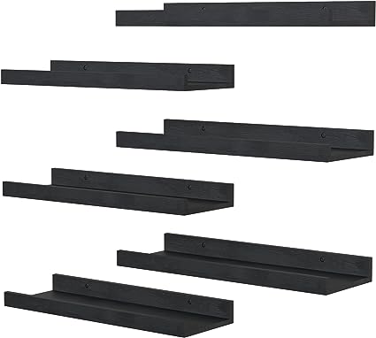 Set of 6, Black Wall Shelves with Lip