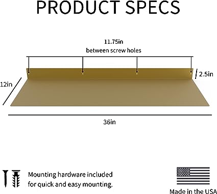 12 Inch Linear Floating Shelf - USA Manufactured Steel - Industrial Heavy Duty Metal Wall Mounted Modern Farmhouse Designed Shelf Ledge (12-in X 8-in Powder Coated Gold)