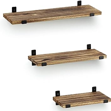 Wall Mounted Rustic Wood Floating Shelves Metal Brackets Storage Set for Bathroom Bedroom Living Room Kitchen Black