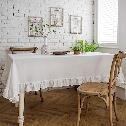 Rustic Flounces Tablecloth Washable Vintage Ruffle Trim Table Cover (White, Rectangle - 60" x 102")