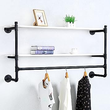 Industrial Pipe Clothing Rack Wall Mounted Wood Shelf,Pipe Shelving Floating Shelves,Retail Garment Rack Display Rack Clothes Racks(1 Tier,30in)