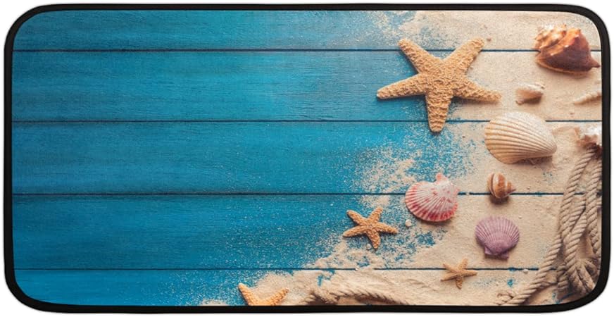 Blue Wood Plank Print Non Slip Beach Starfish Entryway Hallway Washable Home Decor 39" X 20"