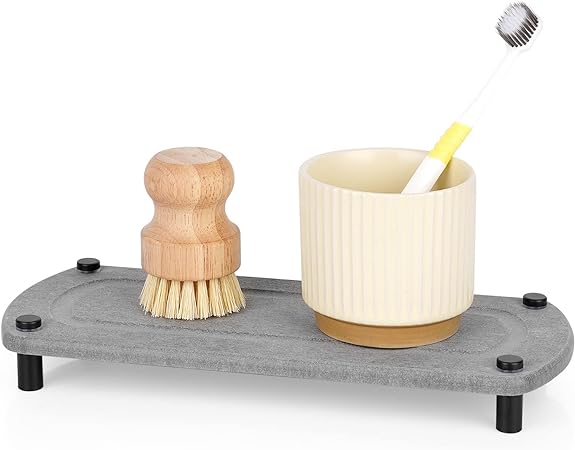 Stone Drying Counter Instant Dry Diatomaceous Earth Sink Caddy Organizer with Stainless Steel Feet (L White)
