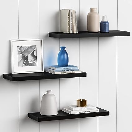 Black Floating Shelves for Wall 24 Inches Long, (Set of 3)